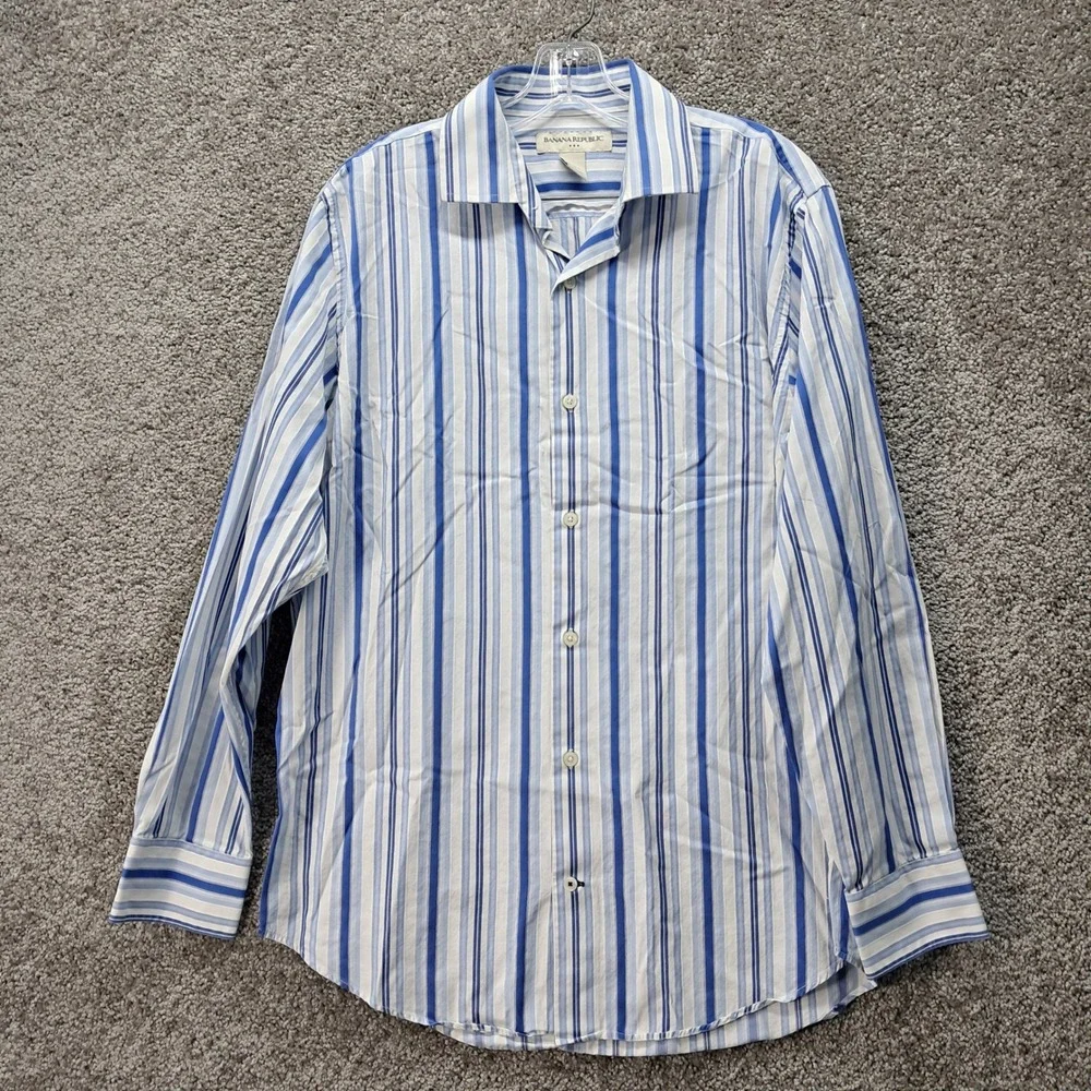 Banana Republic Mens Blue White Striped Cotton Button Down Shirt Size M 15-15.5